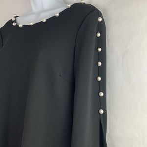 Roz & Ali Black Shift Dress with Pearl Detailed Boat Neck & 3/4 Sleeves Size 6